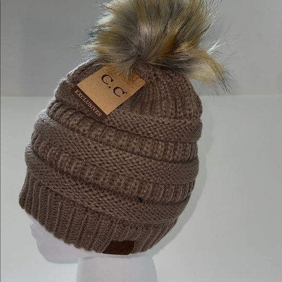 C.C Brown Knit Beanie with Faux Fur Pom - Picture 8 of 8